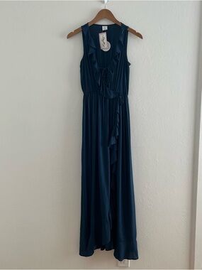 Patrons Of Peace Maxi Dress XS Navy Wrap Around Ruffle Asymmetrical Hemline Boho